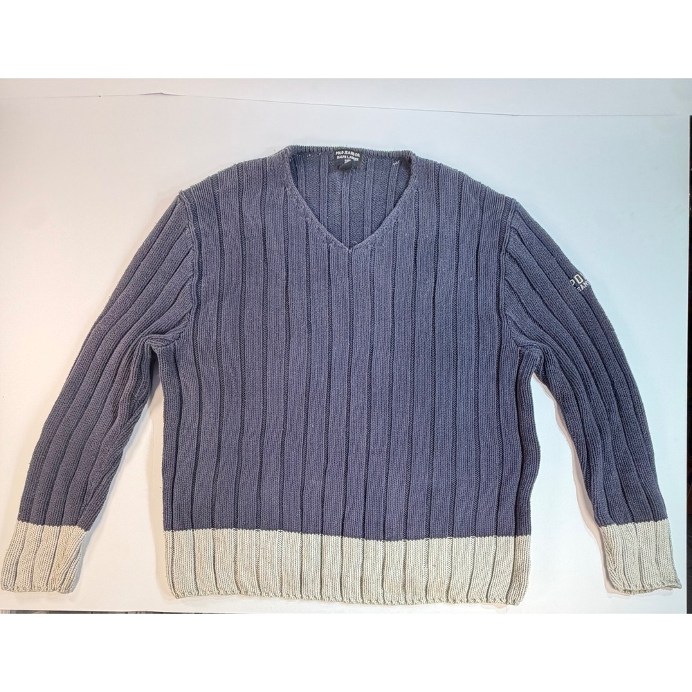 Polo Jeans Co Ralph Lauren Mens Large Blue Ribbed V-Neck Cotton Sweater RN 67437
